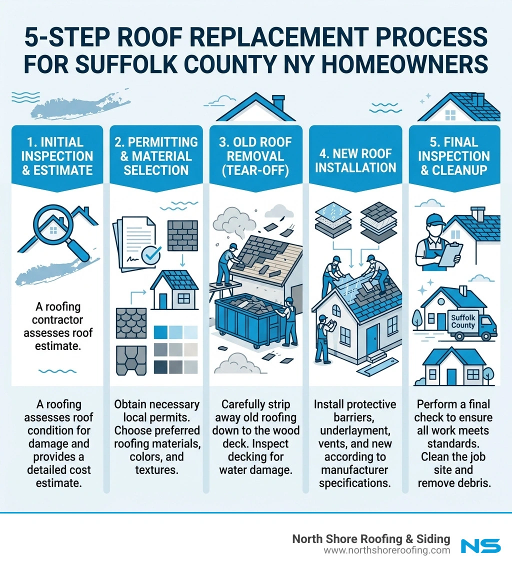 5-step roof replacement process infographic for Suffolk County NY homeowners - roofing contractors suffolk county ny