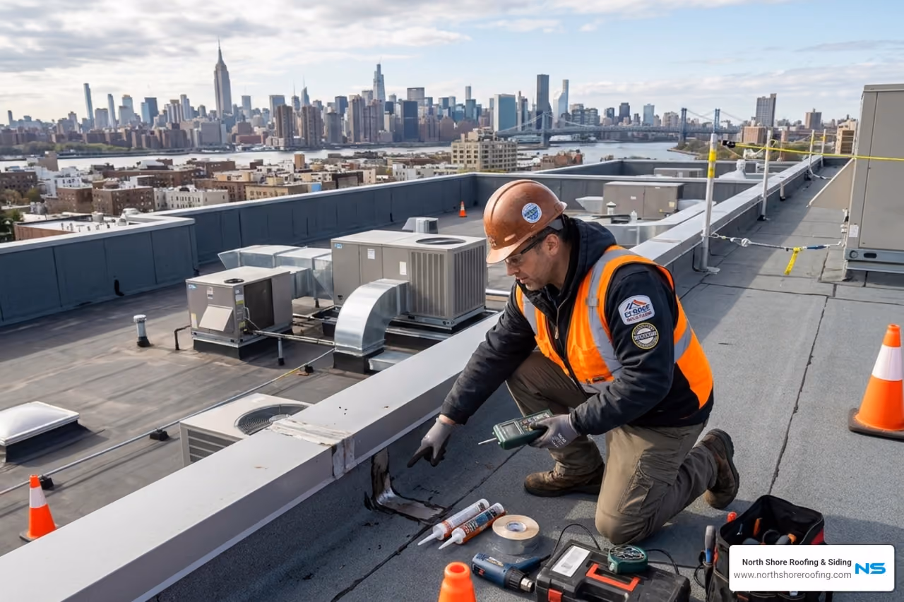 Find commercial roof leak repair near me in Long Island & Queens. Expert detection, repairs for TPO/EPDM, 24/7 emergency service. Call now!
