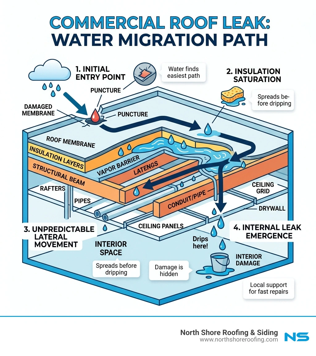 Water migration path infographic showing how roof leaks travel through insulation and structure in commercial buildings