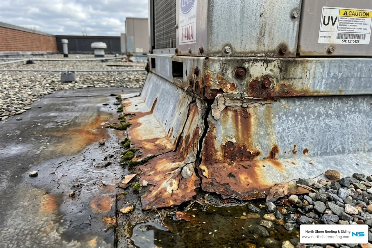 Damaged roof flashing around an HVAC unit on a commercial building - commercial roof leak repair near me