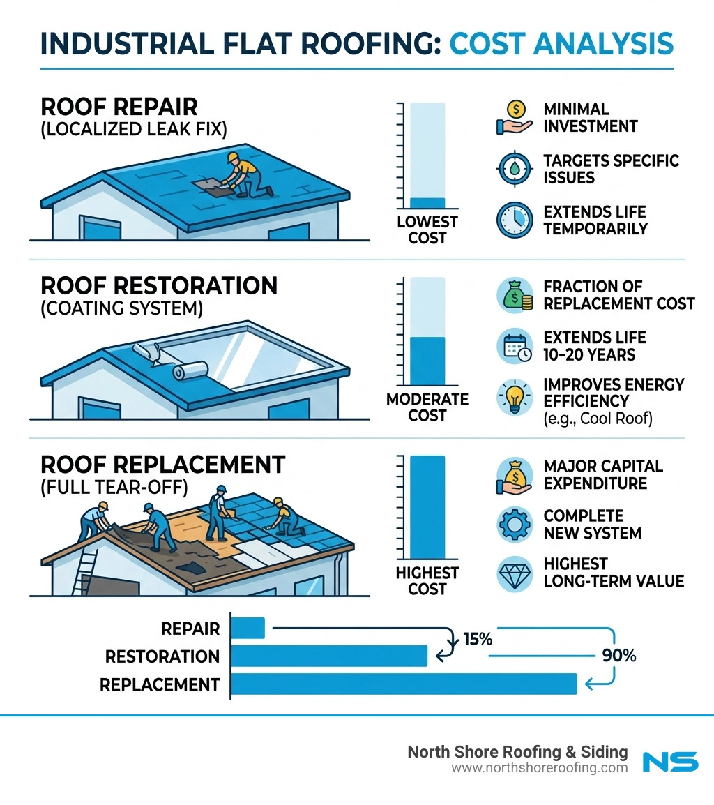 infographic showing the cost difference between roof repair restoration and replacement - industrial flat roofing