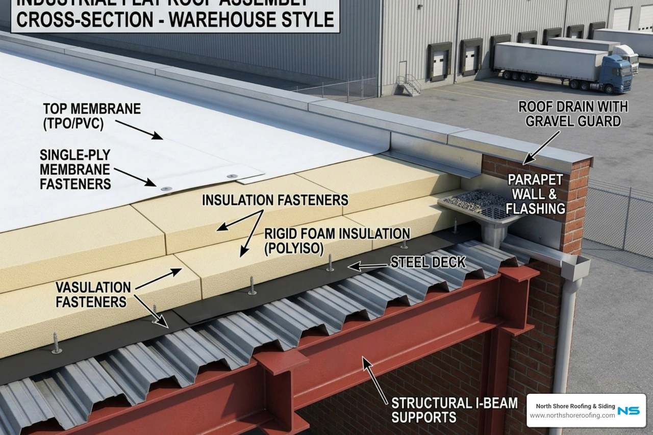 cross-section of industrial flat roofing layers showing deck insulation and membrane - industrial flat roofing
