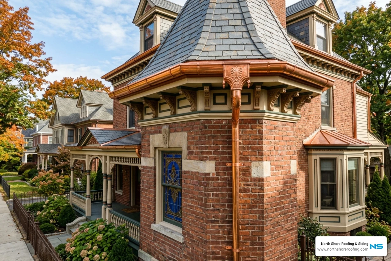 Stunning copper gutters installed on a historic home in Queens - gutter installation contractors