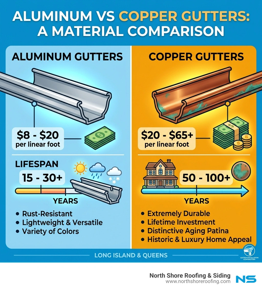 Comparison chart showing the price ranges and lifespans of aluminum vs copper gutters - gutter installation contractors