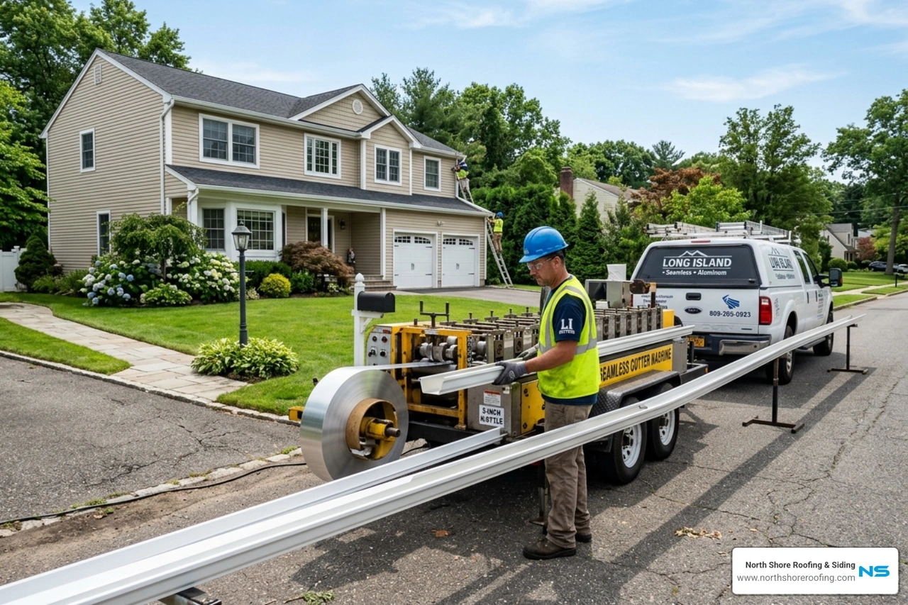 A gutter roll-forming machine fabricating seamless gutters on-site at a Long Island residence - gutter installation
