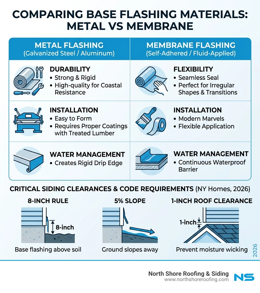 Table comparing metal vs membrane flashing for siding bases - flashing bottom of siding infographic 
