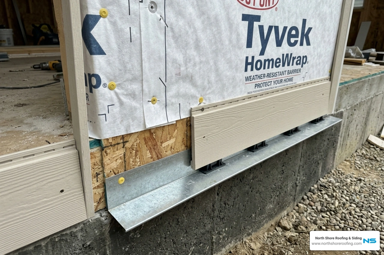 Professional layering of house wrap over base flashing - flashing bottom of siding