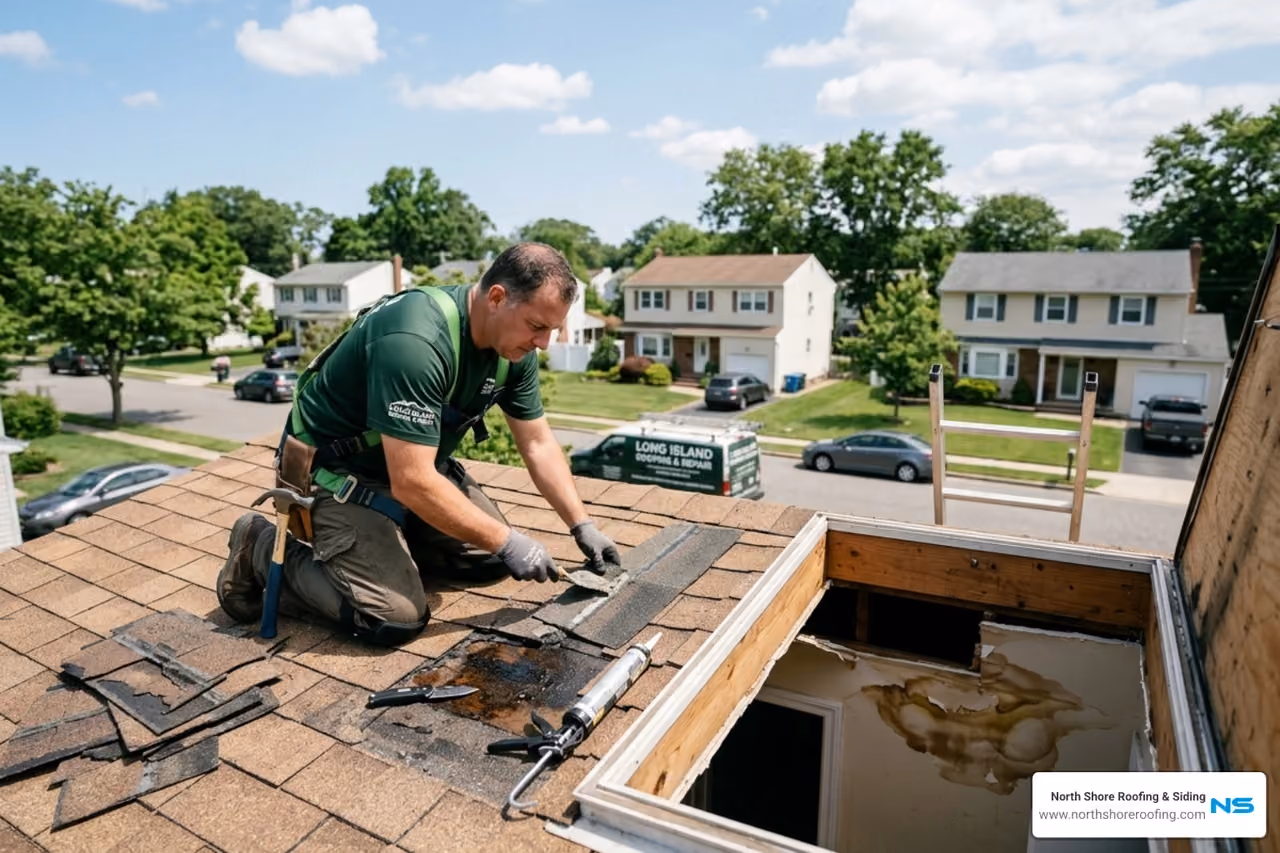 Fix roof leak repair Nassau County issues fast! Save your ceiling from water damage in Port Washington, Flushing & Manhasset. Expert solutions now.