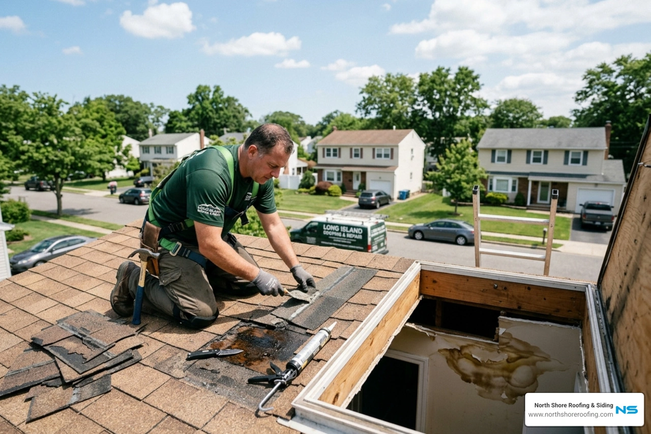 Fix roof leak repair Nassau County issues fast! Save your ceiling from water damage in Port Washington, Flushing & Manhasset. Expert solutions now.