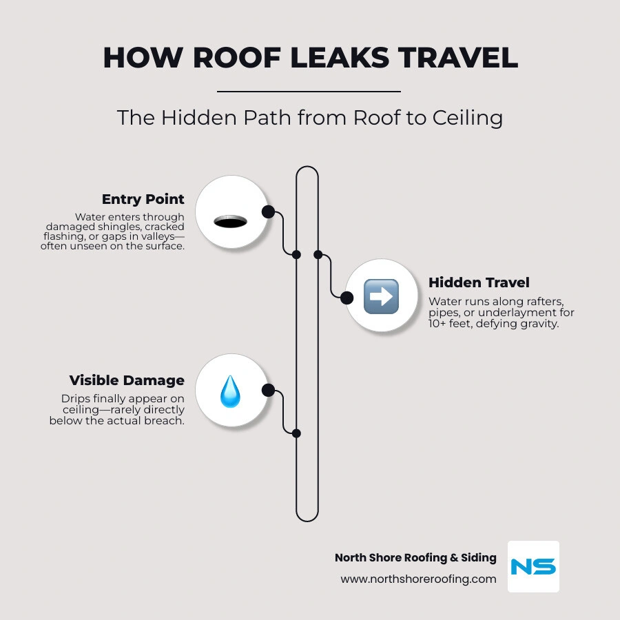 Infographic showing path of a roof leak from damaged shingle through underlayment to ceiling drywall - roof leak repair