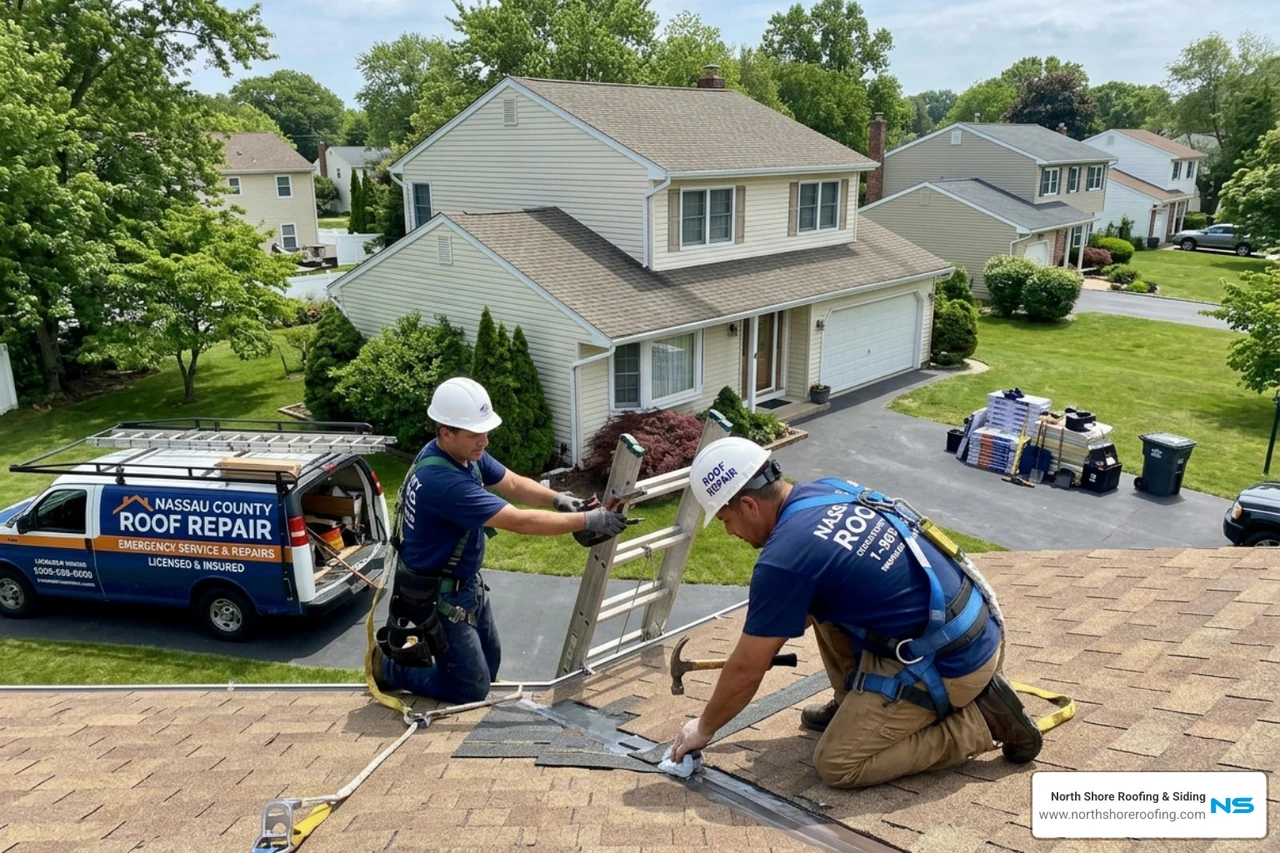 Professional roofer using thermal imaging camera to detect moisture behind a ceiling in Bayside - roof leak repair nassau