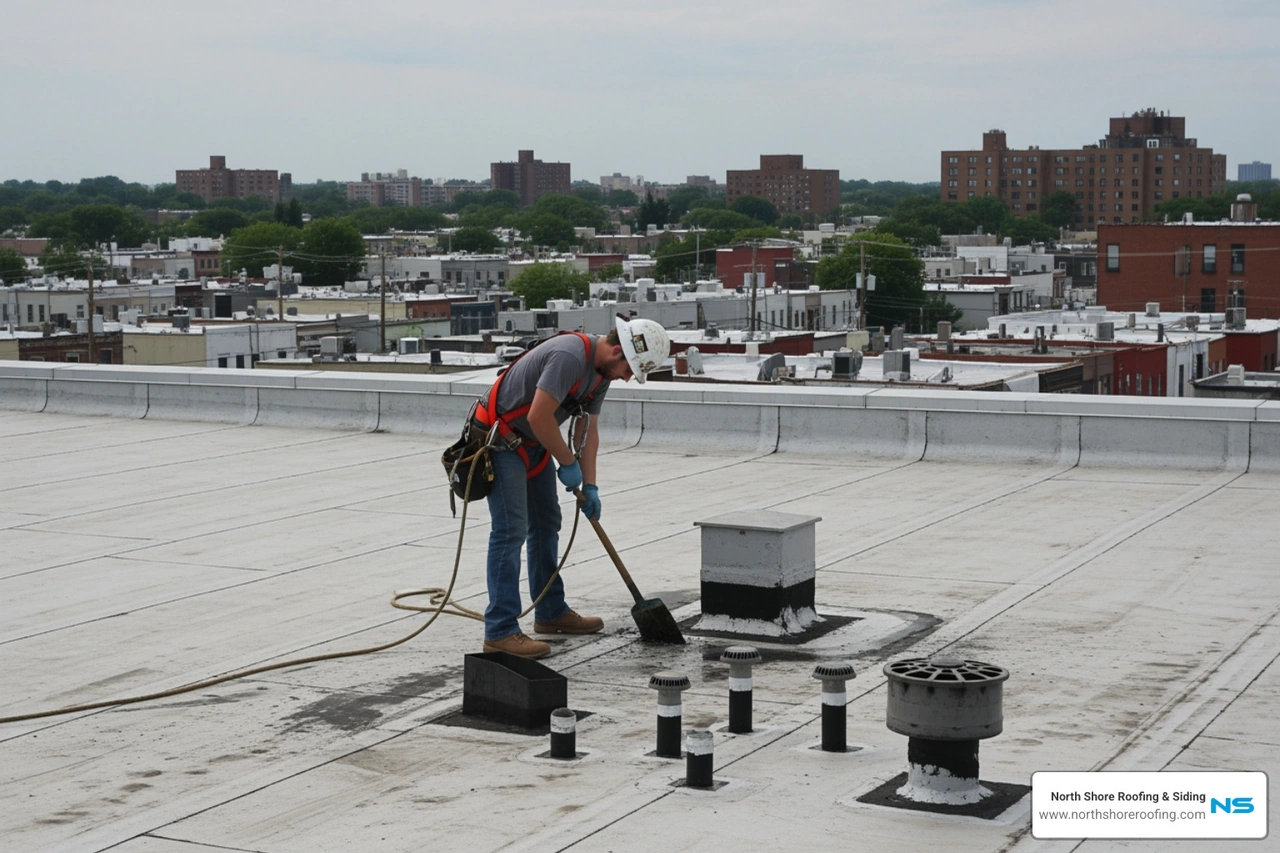technician clearing industrial roof drains in Bayside NY