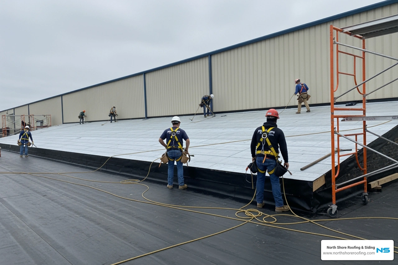 North Shore Roofing & Siding crew using safety harnesses during a phased installation North Shore Roofing & Siding crew using safety harnesses during a phased installation