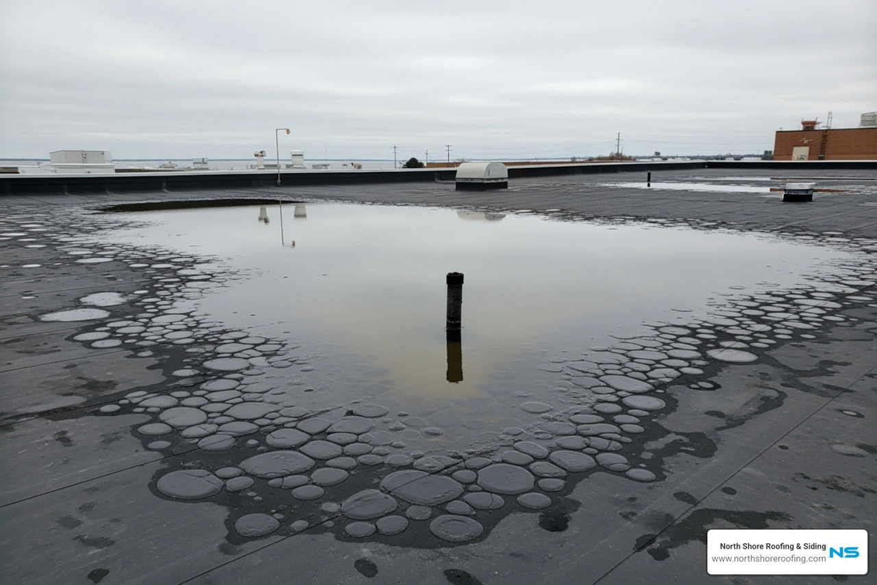 Ponding water and membrane blistering on a large industrial roof Ponding water and membrane blistering on a large industrial roof