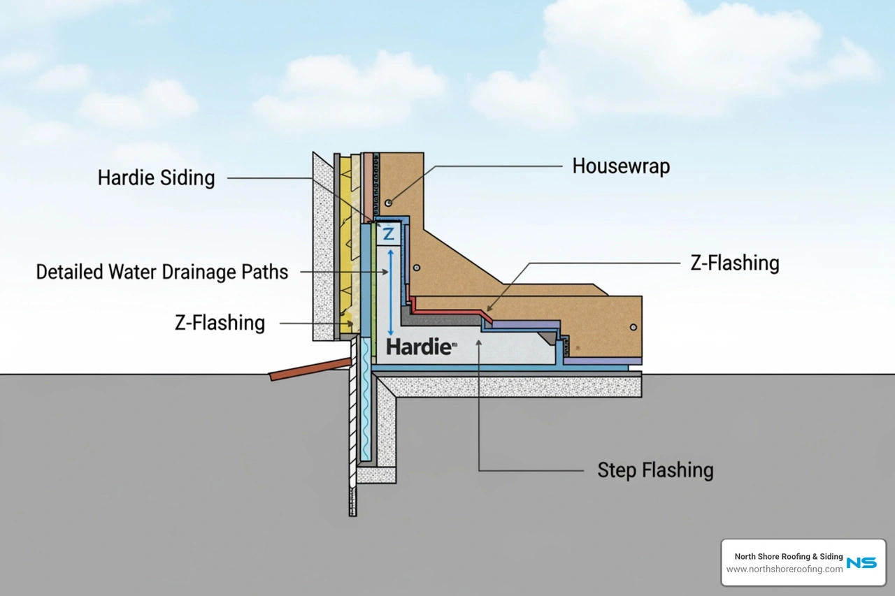 Water drainage paths on a residential wall showing how flashing directs moisture away from the sheathing Water drainage paths on a residential wall showing how flashing directs moisture away from the sheathing