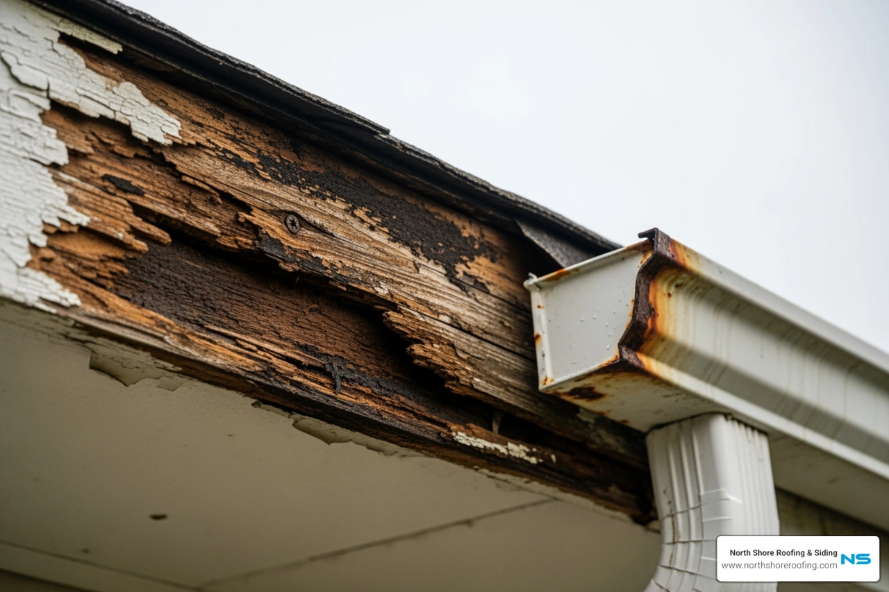 Rotted wood fascia behind a sagging gutter on a Long Island home Rotted wood fascia behind a sagging gutter on a Long Island home