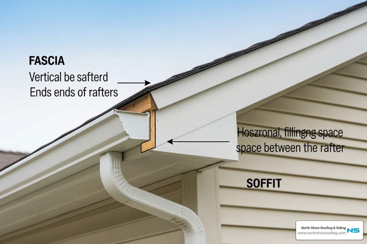 Difference between fascia and soffit showing horizontal boards and rafter ends Difference between fascia and soffit showing horizontal boards and rafter ends