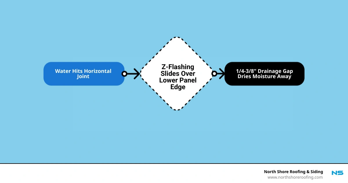Infographic showing how Z-flashing redirects water away from T1-11 horizontal siding joints with gap and overlap details Infographic showing how Z-flashing redirects water away from T1-11 horizontal siding joints with gap and overlap details