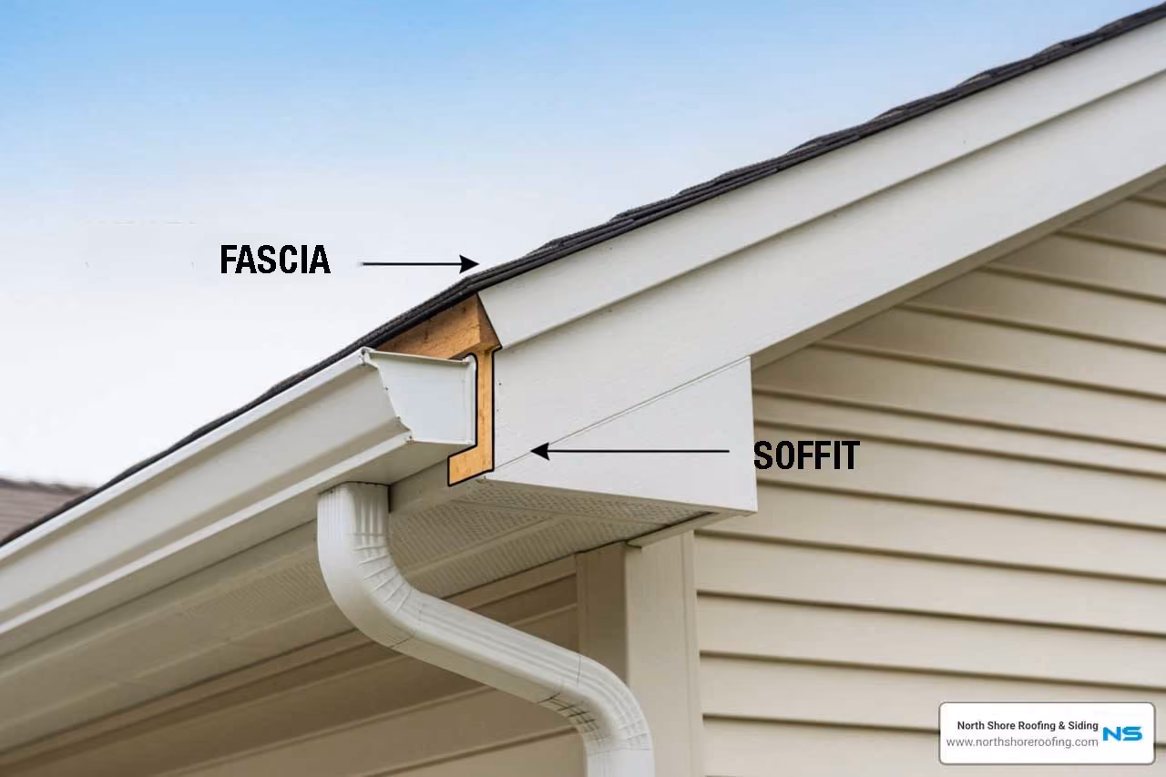 Difference between fascia and soffit showing horizontal boards and rafter ends