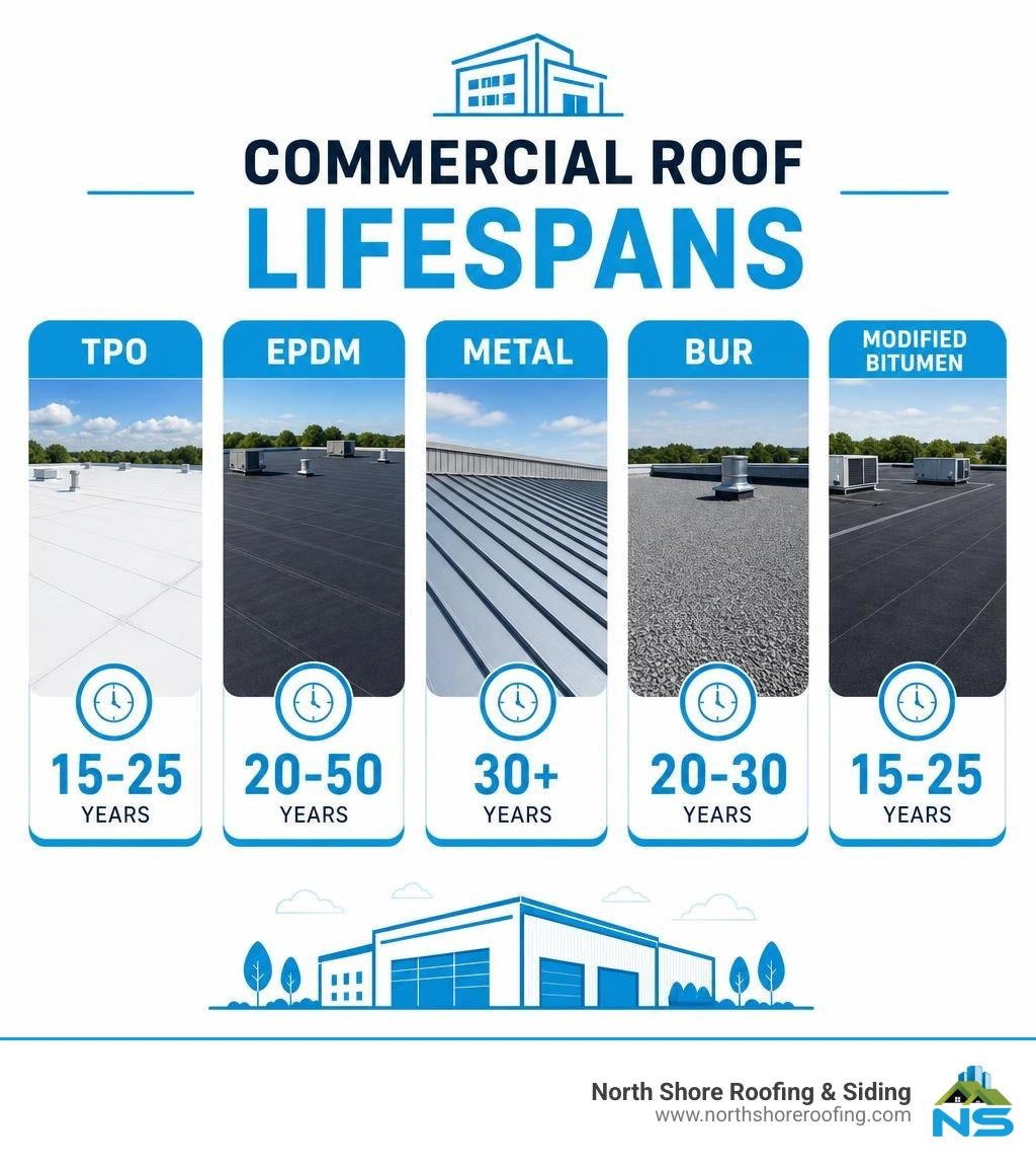 Infographic showing commercial roof lifespans: TPO 15-25 years, EPDM 20-50 years, Metal 30+ years, BUR 20-30 years, Modified Infographic showing commercial roof lifespans: TPO 15-25 years, EPDM 20-50 years, Metal 30+ years, BUR 20-30 years, Modified