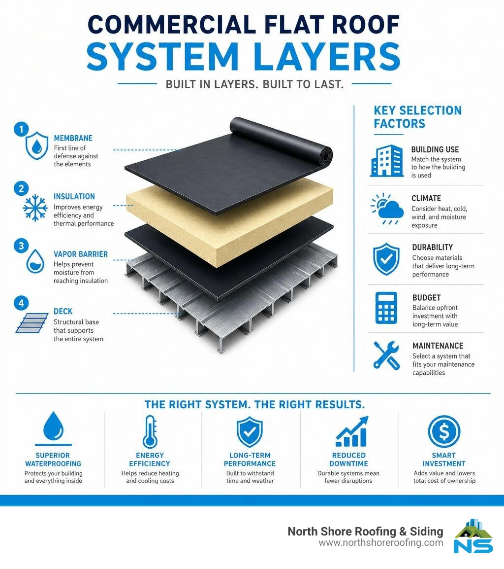 Infographic showing commercial flat roof system layers: membrane, insulation, vapor barrier, deck, and key selection factors