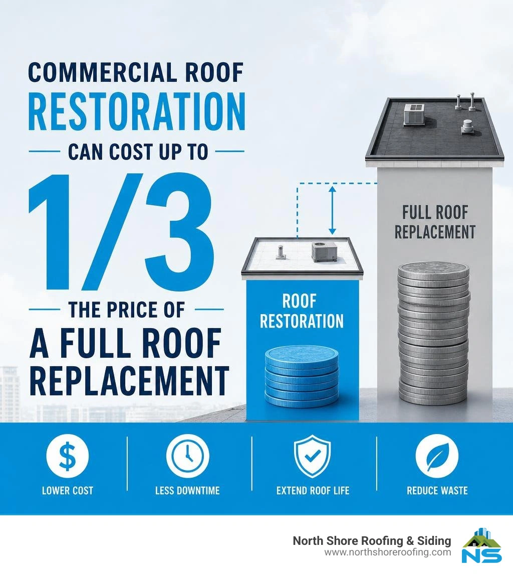 Stat showing that commercial roof restoration can cost up to 1/3 the price of a full roof replacement infographic