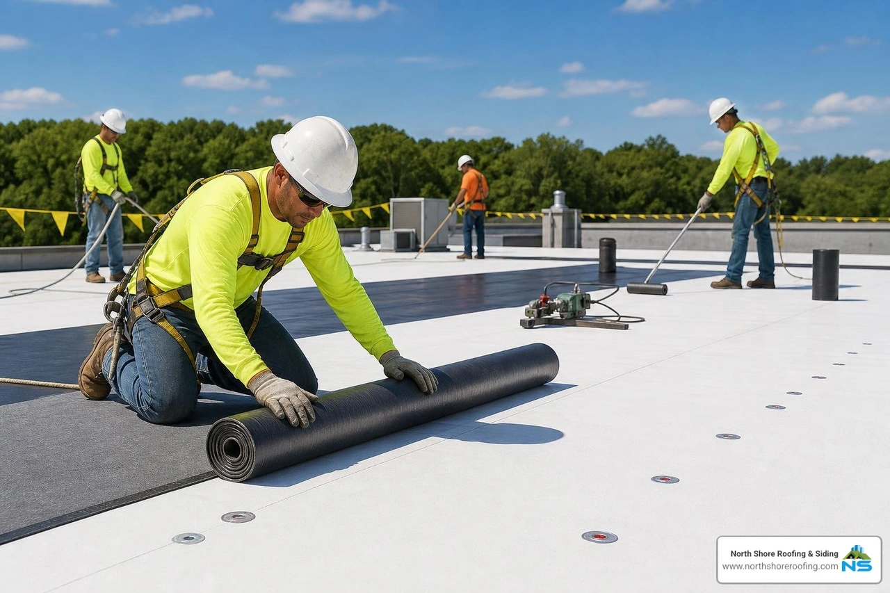 Commercial roofing crew working safely on a flat roof install