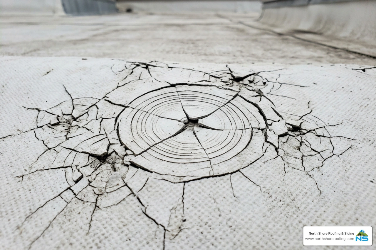 Close-up of concentric circular fracture on a TPO membrane surface Close-up of concentric circular fracture on a TPO membrane surface