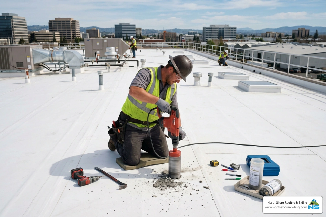 Roofing professional extracting a core sample from a TPO roof assembly Roofing professional extracting a core sample from a TPO roof assembly