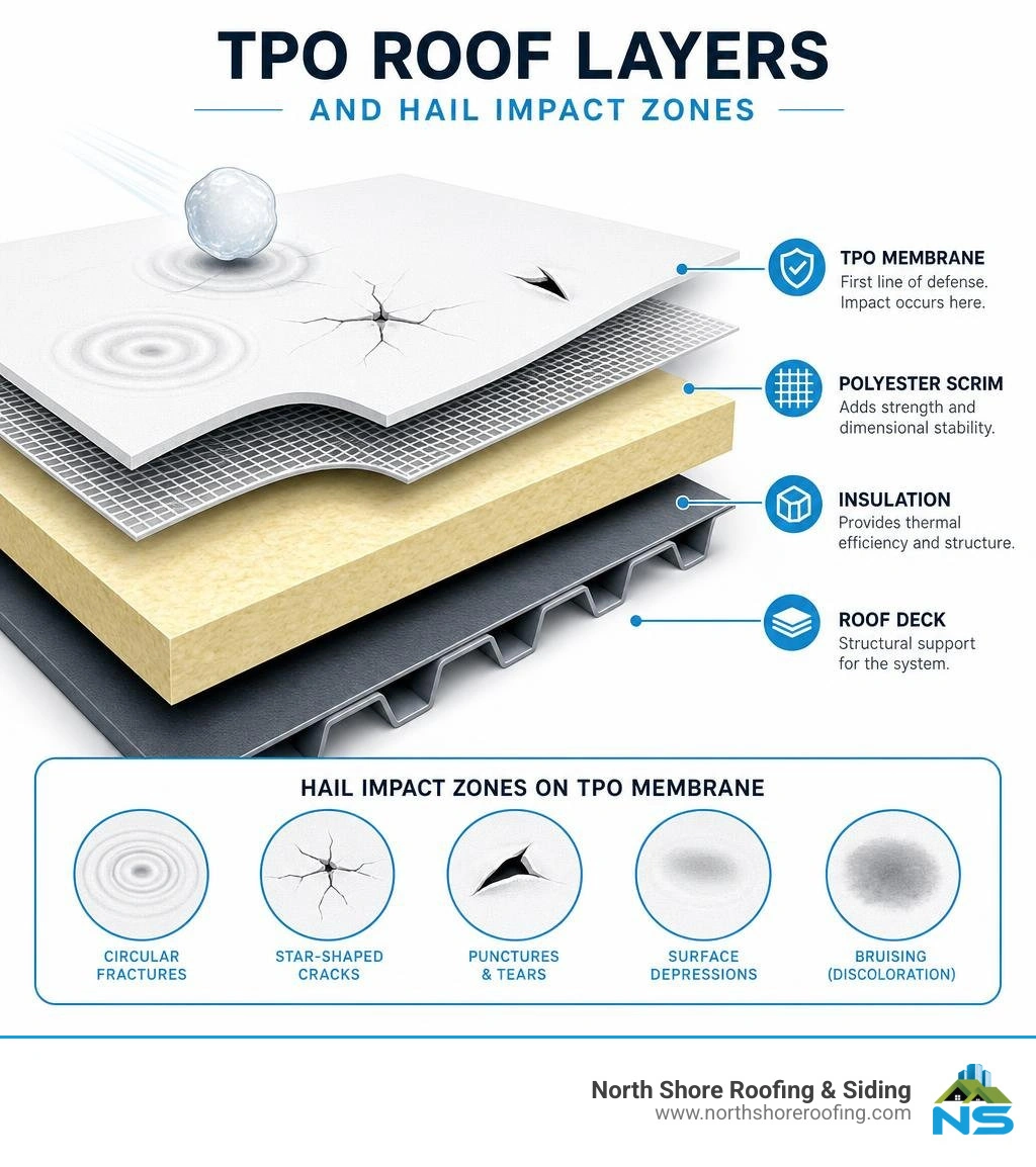 TPO roof layers diagram showing membrane, scrim, insulation, and hail impact zones infographic TPO roof layers diagram showing membrane, scrim, insulation, and hail impact zones infographic