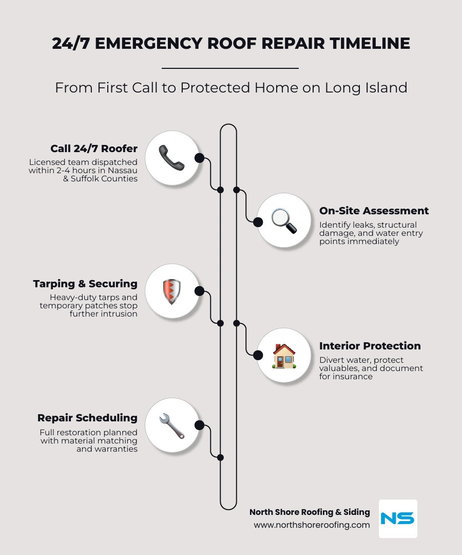 24/7 emergency roof repair timeline from first call to completed repair on Long Island infographic 24/7 emergency roof repair timeline from first call to completed repair on Long Island infographic