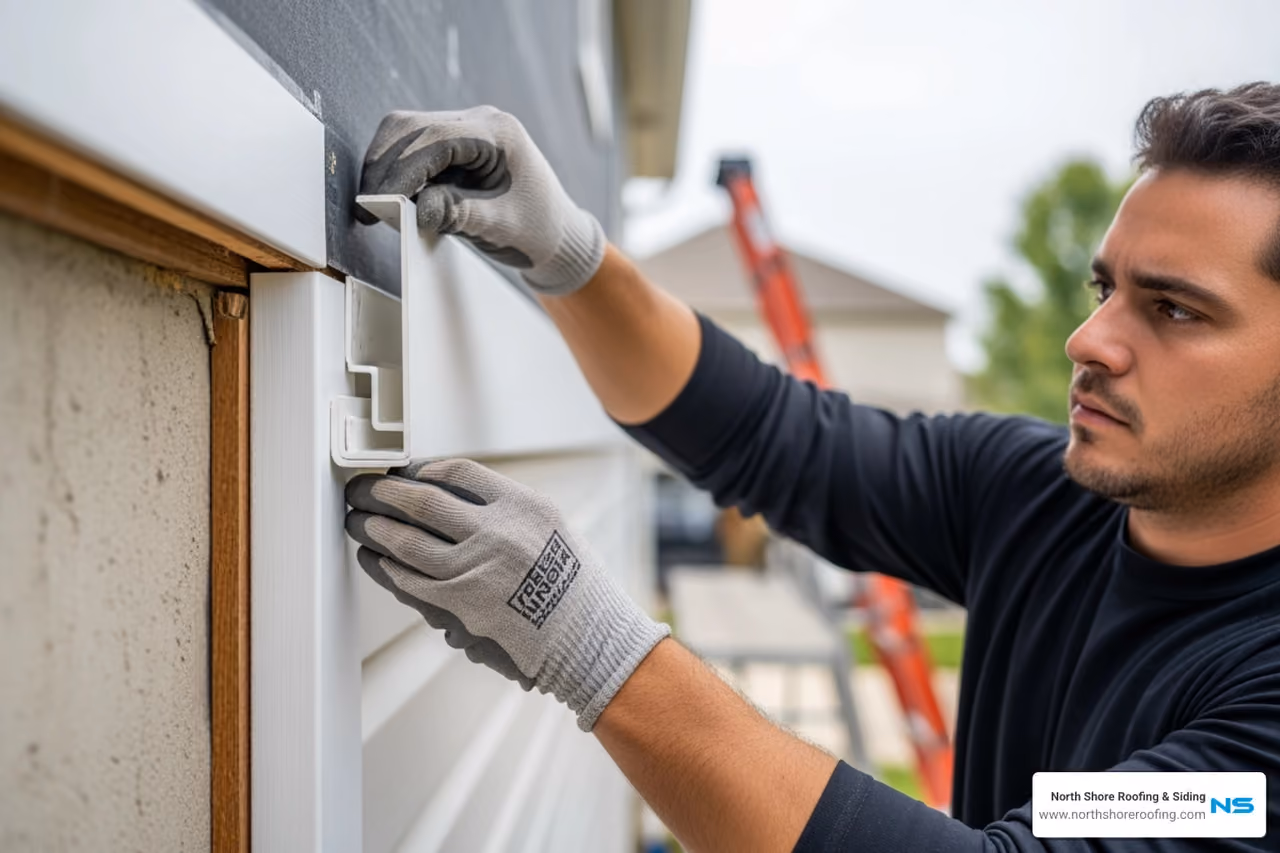 Master installing J-channel for vinyl siding around windows, doors, and roof lines to prevent leaks and ensure lasting protection on Long Island homes.
