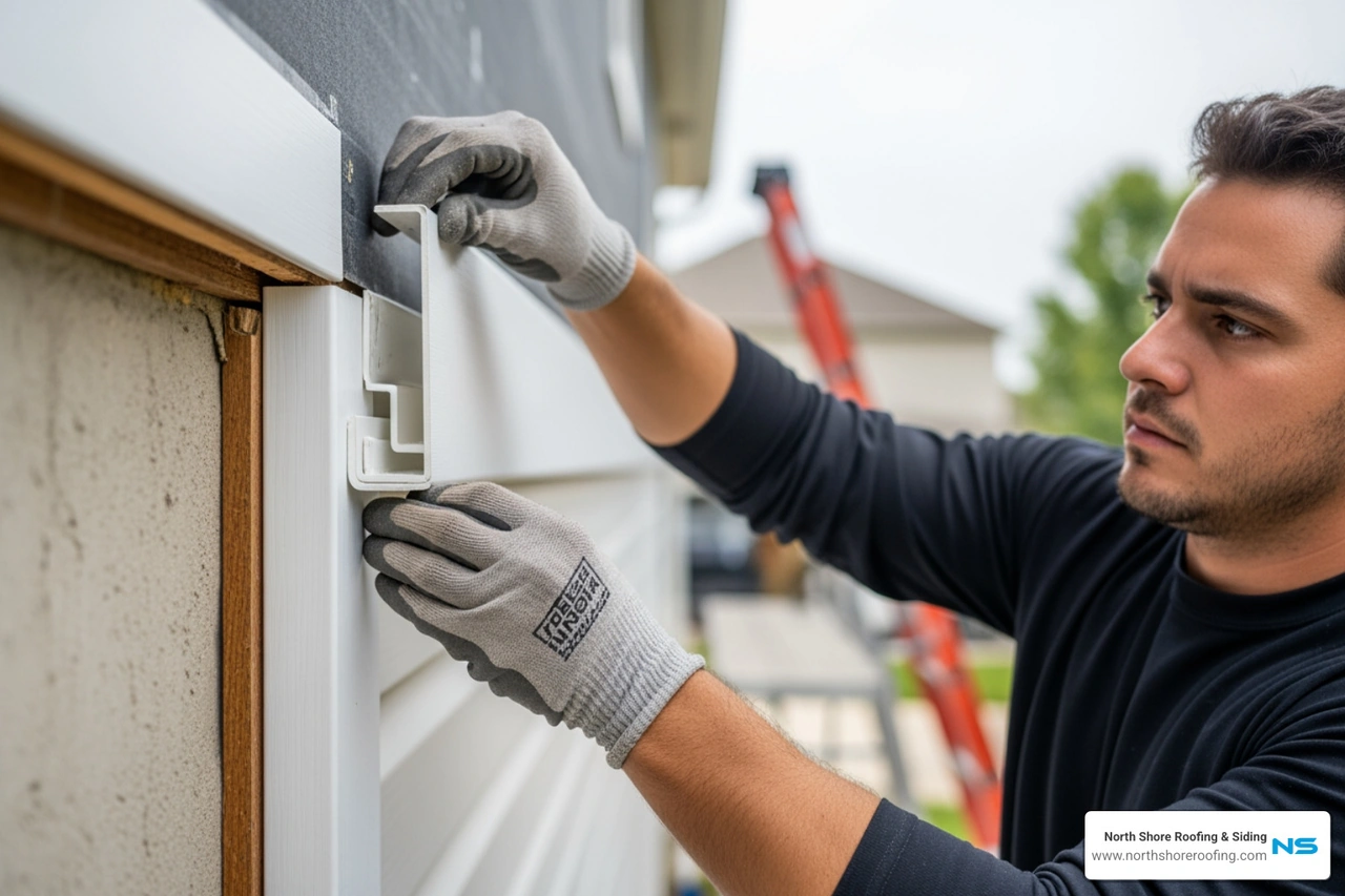 Master installing J-channel for vinyl siding around windows, doors, and roof lines to prevent leaks and ensure lasting protection on Long Island homes.
