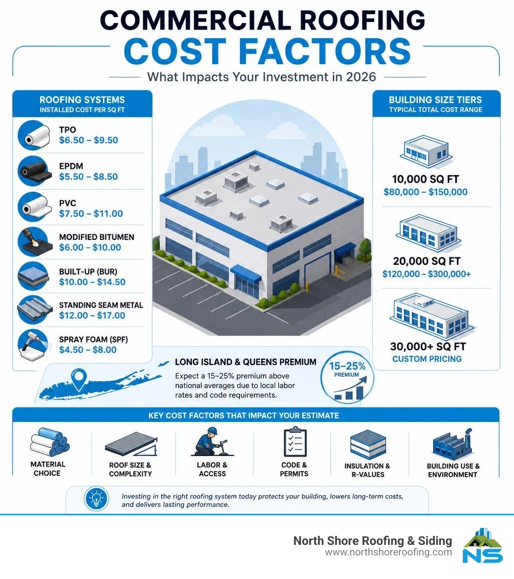 Commercial roofing cost factors infographic showing system types, price ranges, size tiers, and Long Island regional premium Commercial roofing cost factors infographic showing system types, price ranges, size tiers, and Long Island regional premium