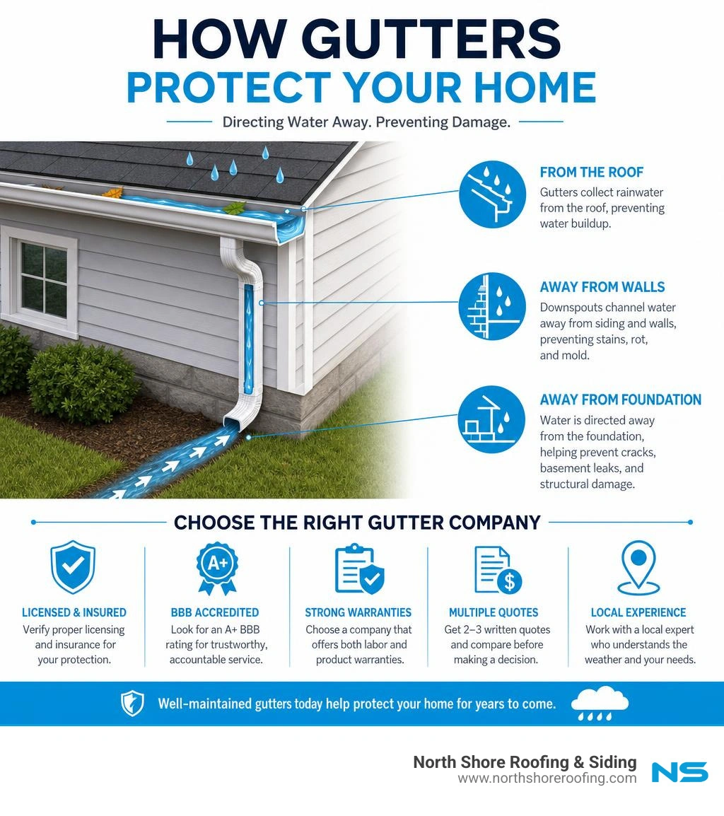 Infographic showing how gutters direct water flow away from roof, walls, and foundation with key selection tips infographic Infographic showing how gutters direct water flow away from roof, walls, and foundation with key selection tips infographic