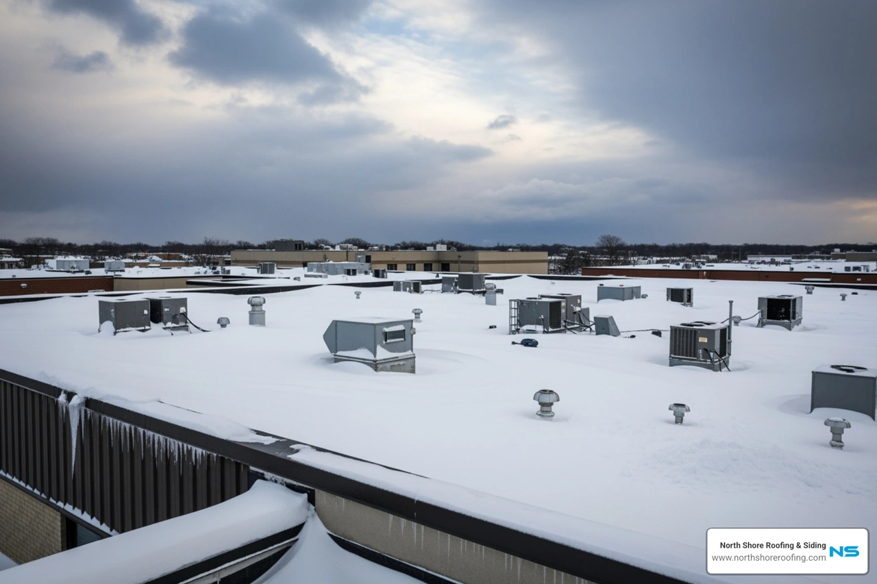 A commercial flat roof in Long Island covered in heavy snow after a winter Nor'easter A commercial flat roof in Long Island covered in heavy snow after a winter Nor'easter
