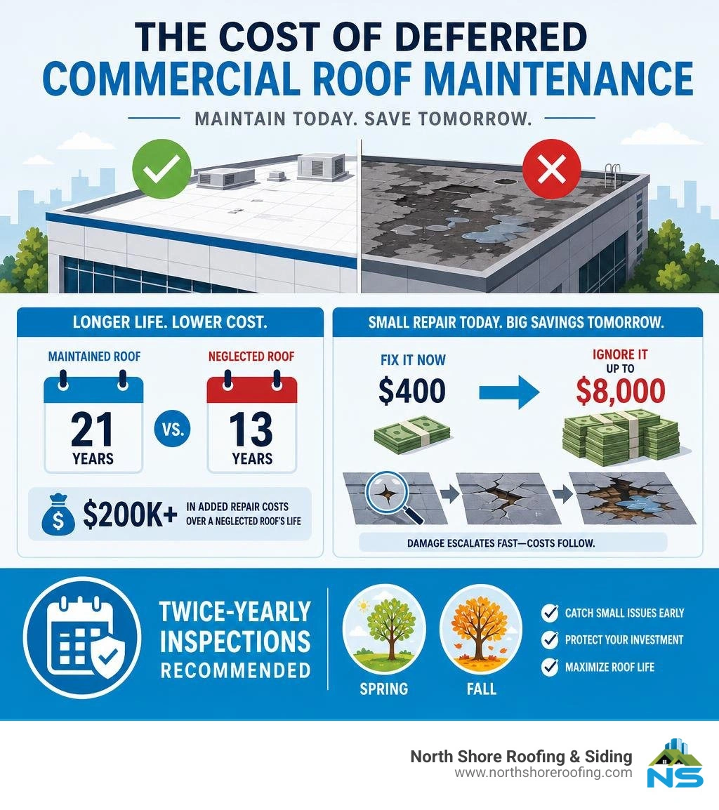 Infographic showing cost of deferred commercial roof maintenance: 21-year maintained lifespan vs 13-year neglected, $200K+ Infographic showing cost of deferred commercial roof maintenance: 21-year maintained lifespan vs 13-year neglected, $200K+