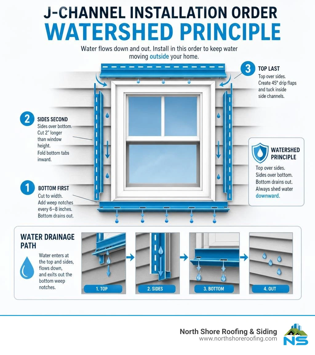 Infographic showing J-channel watershed principle installation order: bottom, sides, top with water drainage path infographic Infographic showing J-channel watershed principle installation order: bottom, sides, top with water drainage path infographic