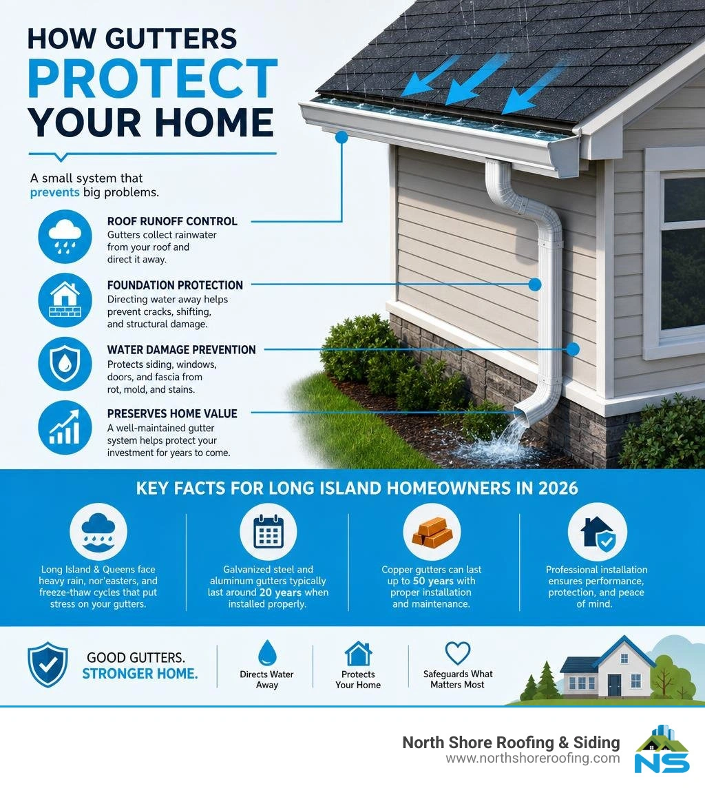 Infographic showing how gutters protect a home: roof runoff, foundation protection, water damage prevention, and key facts Infographic showing how gutters protect a home: roof runoff, foundation protection, water damage prevention, and key facts