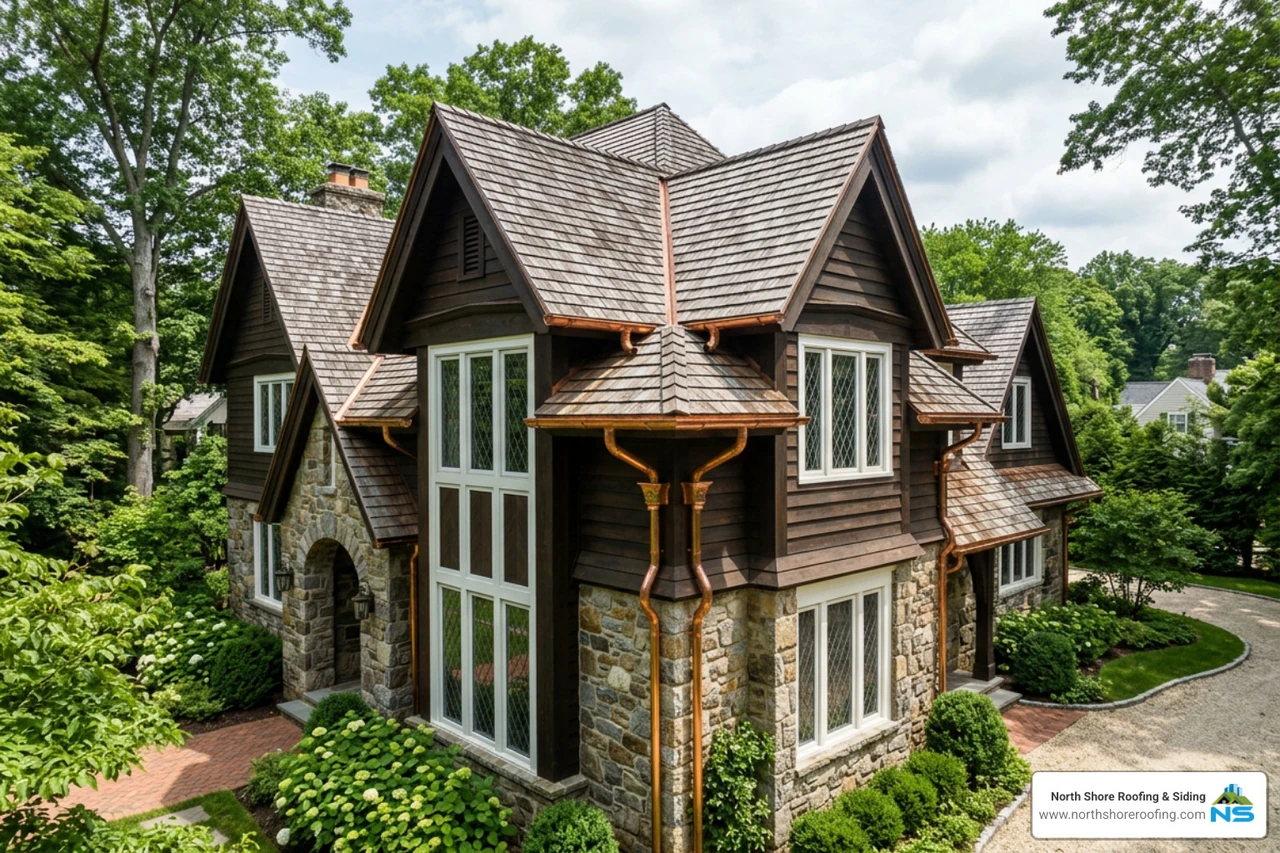 Custom copper gutters beautifully installed on a luxury home in Locust Valley Custom copper gutters beautifully installed on a luxury home in Locust Valley