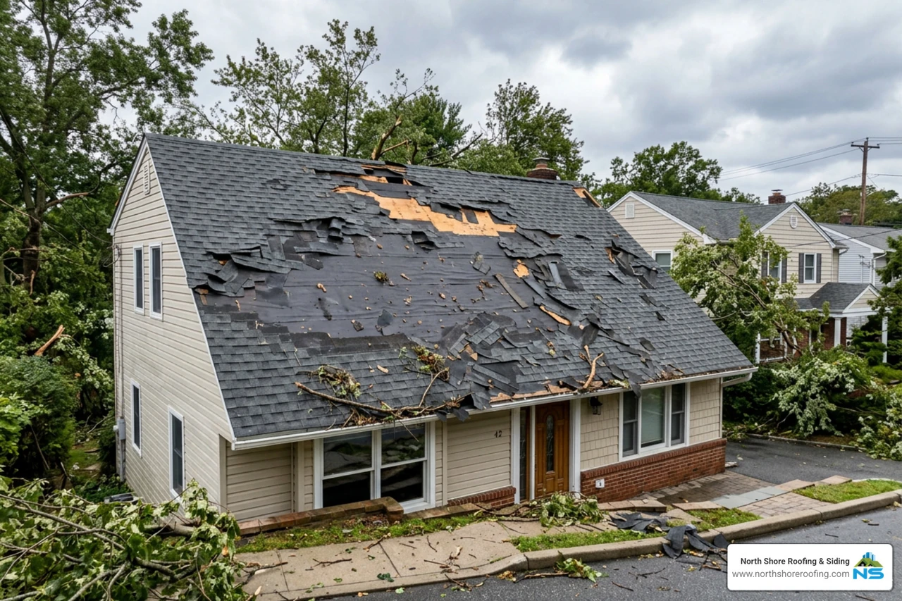 Storm-damaged residential roof in Port Washington Storm-damaged residential roof in Port Washington