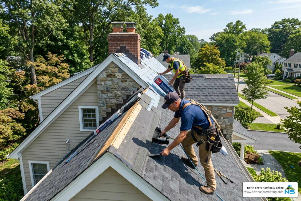 Professional roofers installing shingles in Locust Valley Professional roofers installing shingles in Locust Valley