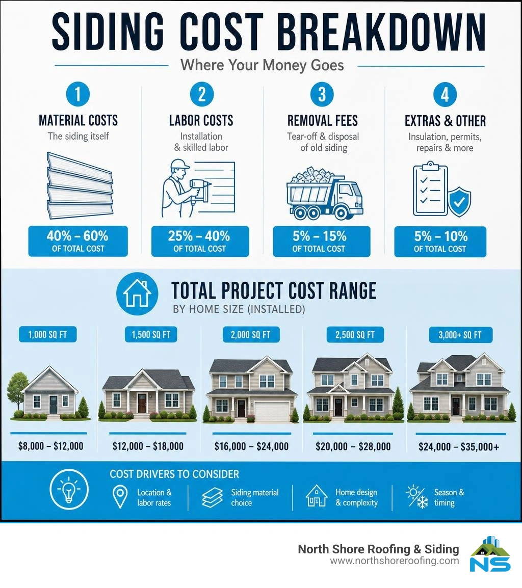 Siding cost breakdown infographic showing material costs, labor rates, removal fees, and total project ranges by home size Siding cost breakdown infographic showing material costs, labor rates, removal fees, and total project ranges by home size