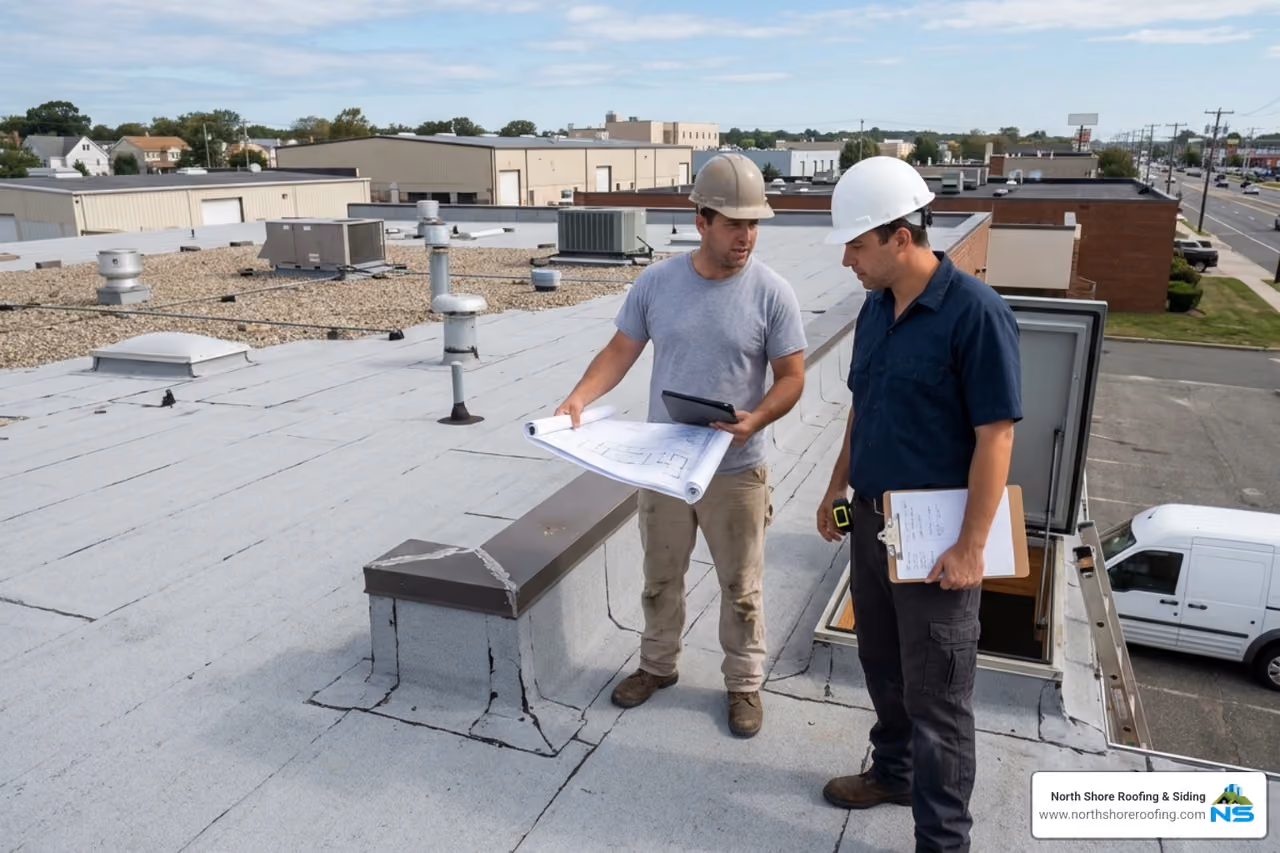 commercial roofing consultation on a flat roof in Long Island