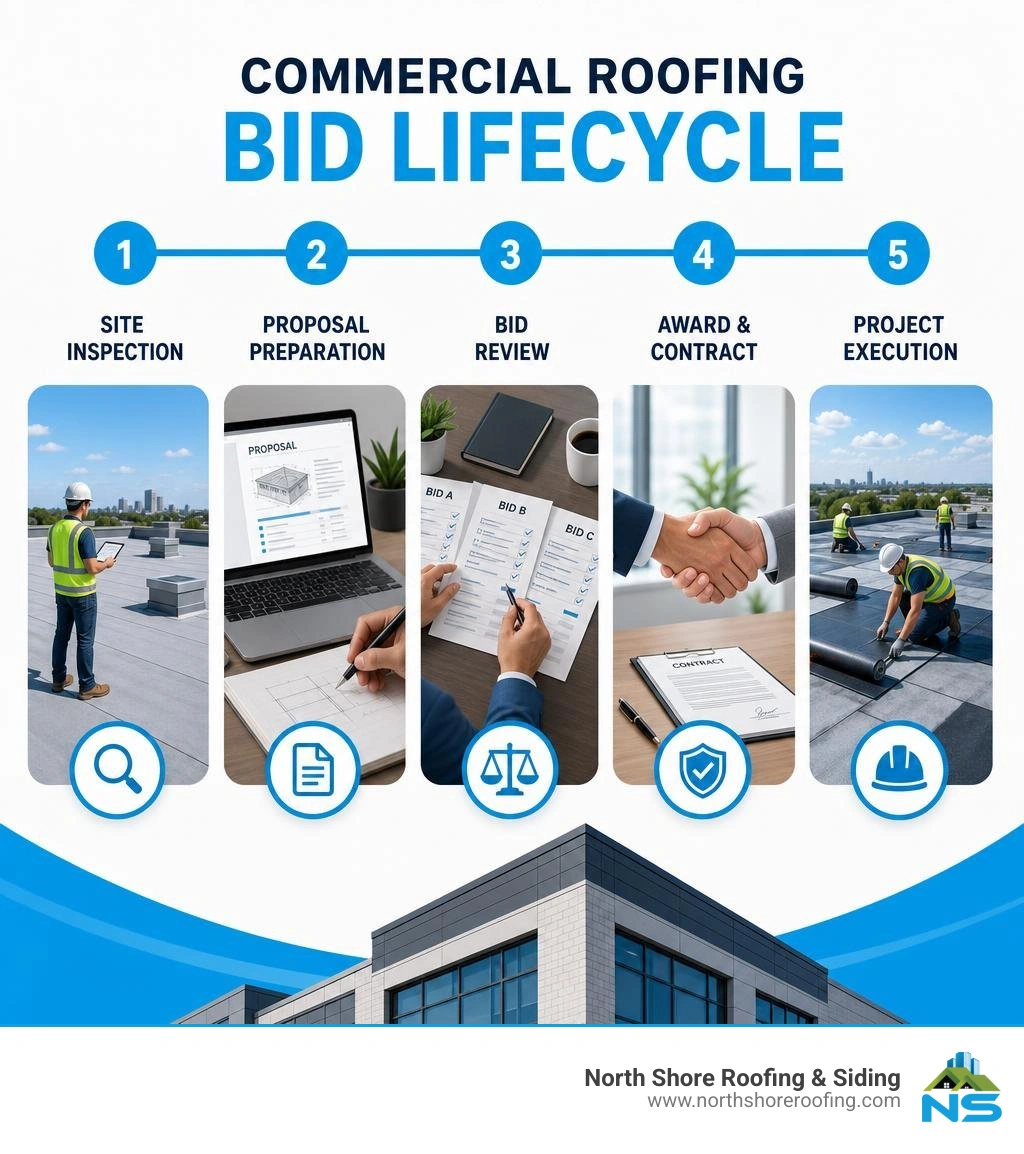 Commercial roofing bid lifecycle infographic showing inspection, proposal, comparison, award, and execution stages Commercial roofing bid lifecycle infographic showing inspection, proposal, comparison, award, and execution stages