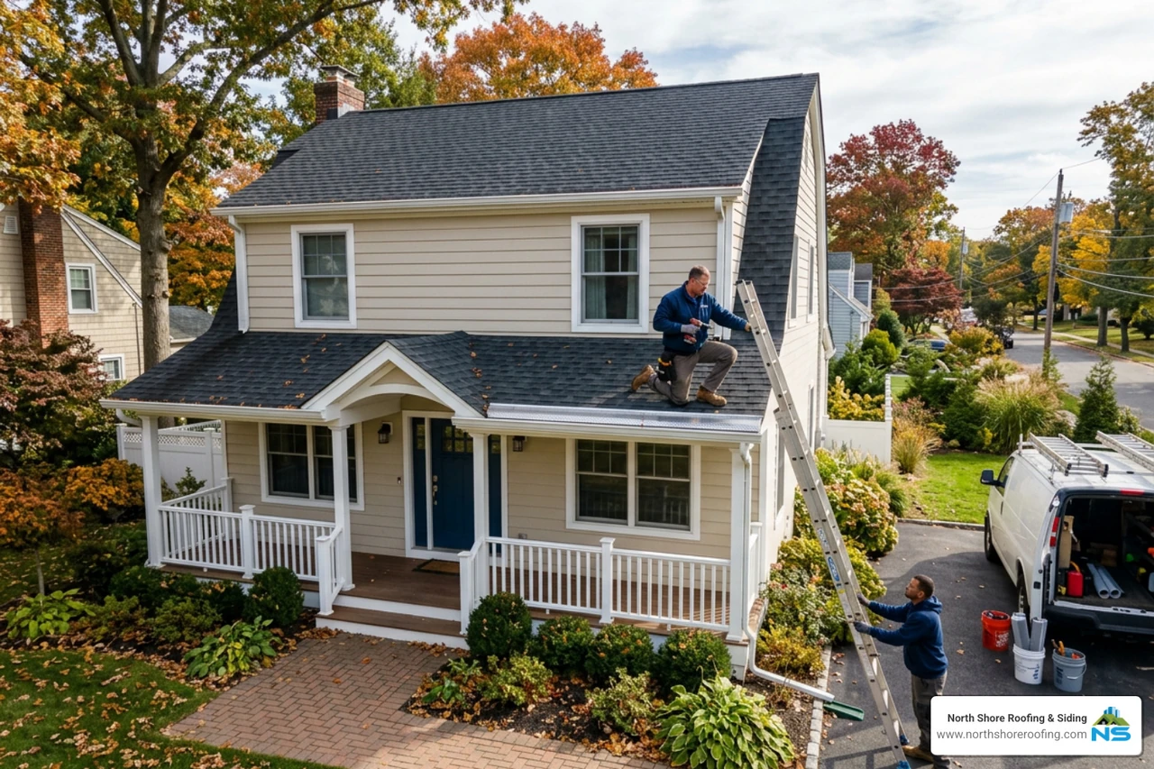 Gutter guards being installed on a Long Island home