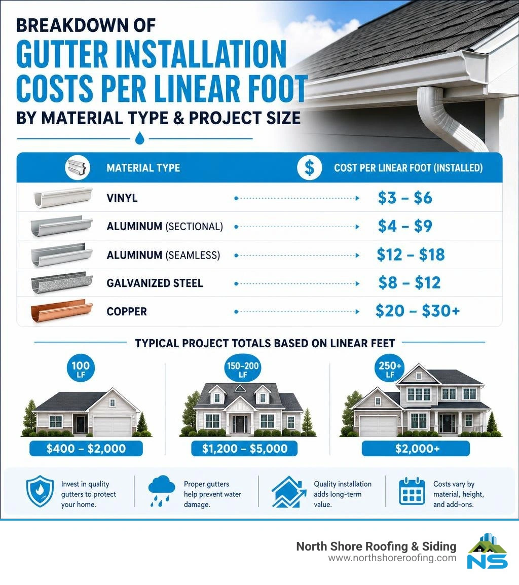 Breakdown of gutter installation costs per linear foot by material type and project size infographic