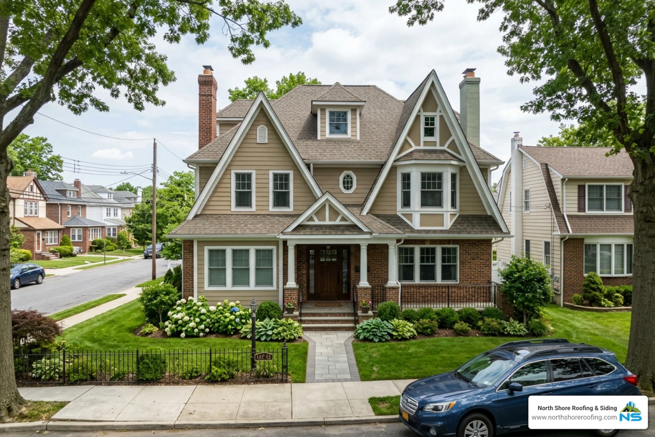A multi-story home with complex rooflines in Queens