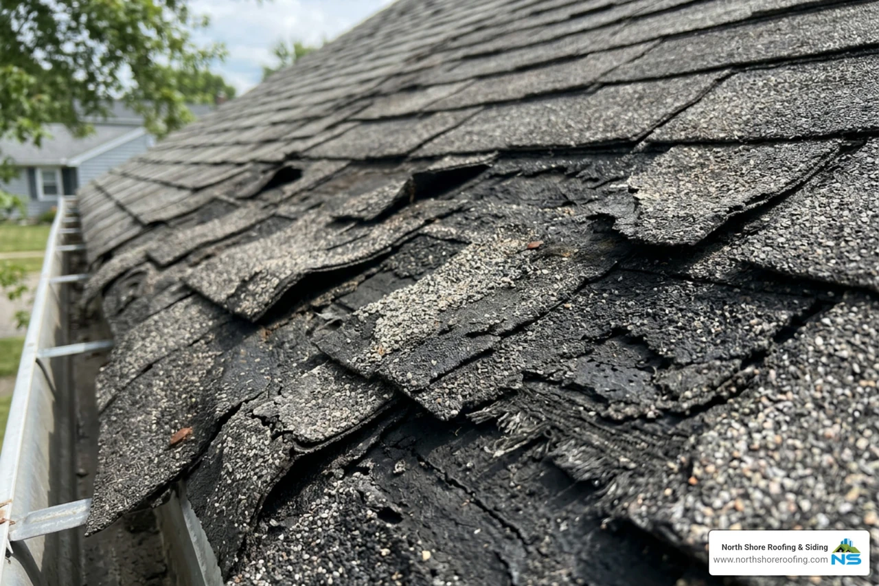 damaged asphalt shingles showing curling and granule loss damaged asphalt shingles showing curling and granule loss