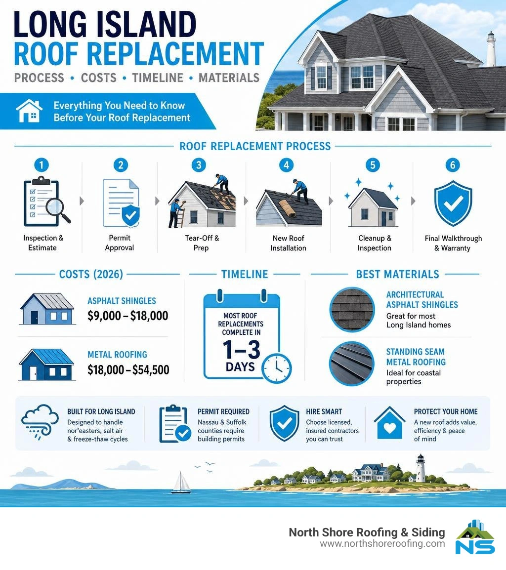 Infographic showing roof replacement process steps, costs, timeline, and materials for Long Island homes infographic Infographic showing roof replacement process steps, costs, timeline, and materials for Long Island homes infographic